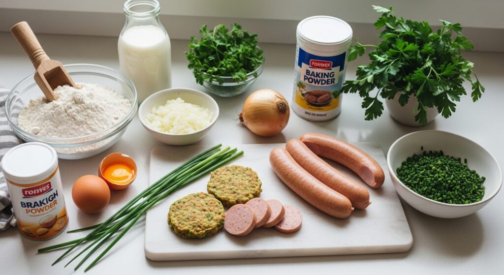 Uma vista aérea de ingredientes frescos para receita de bolinho de chuva de salsicha, incluindo farinha, ovos, leite, salsichas, cebola picada, cheiro-verde e fermento em pó, dispostos sobre uma bancada clara.