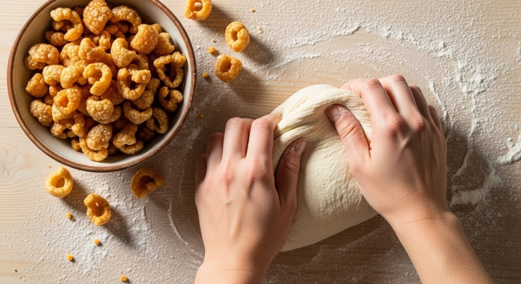 Imagem vista de cima mostrando mãos sovando a massa para a receita de pão de torresmo em uma bancada de madeira enfarinhada, com um pote de torresmo ao lado.