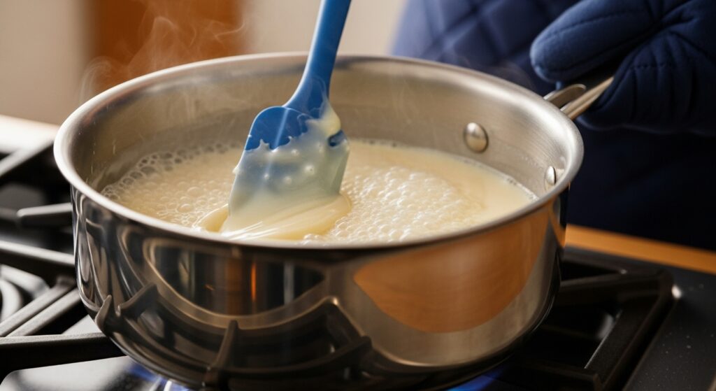 Mão mexendo com uma espátula a mistura do leite condensado caseiro em uma panela no fogo.