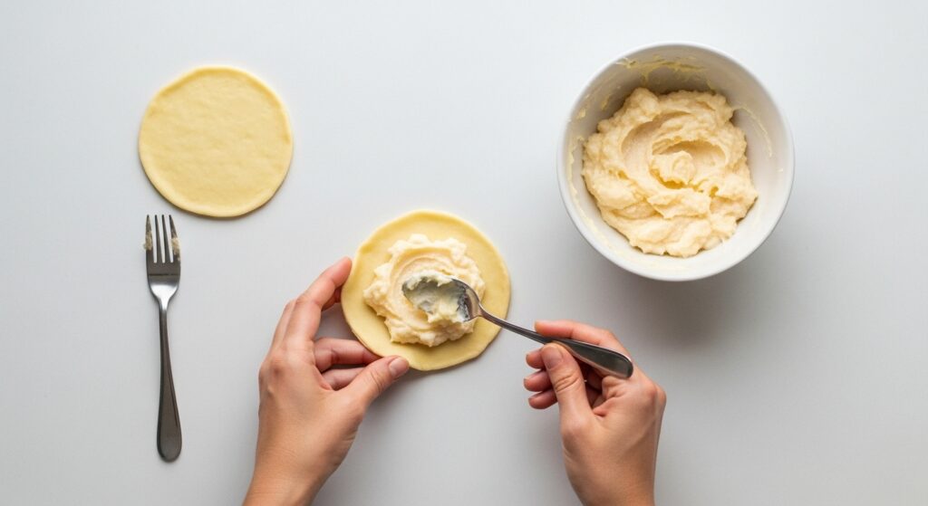 Mãos recheando a massa de pastel com creme de beijinho para preparar a receita de pastel de beijinho.