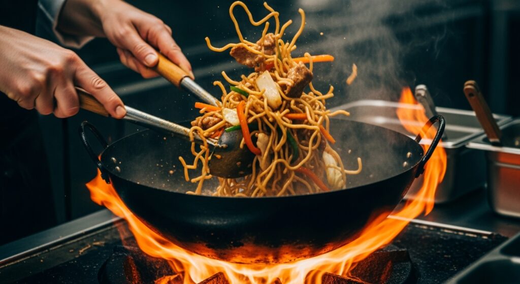 Yakissoba caseiro sendo preparado em uma panela wok quente, com os ingredientes sendo salteados em fogo alto para misturar ao molho.