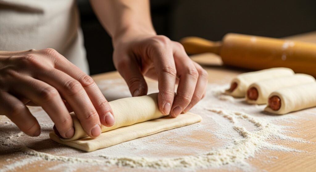 Passo a passo da receita de enroladinho de salsicha, mostrando mãos enrolando a massa de pão caseira ao redor de uma salsicha.