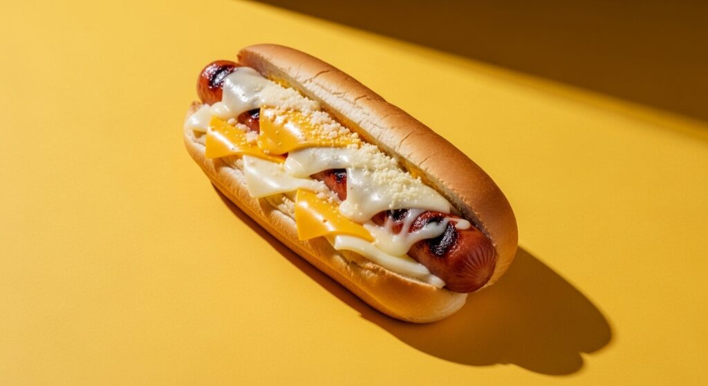 Um hot dog 4 queijos perfeitamente montado sobre um fundo de cor sólida e vibrante.