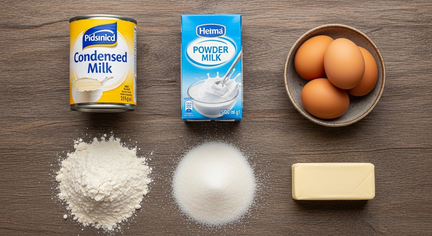 Ingredientes para o bolo de farinha láctea e leite condensado organizados em uma mesa de madeira, incluindo leite condensado, farinha láctea e ovos.
