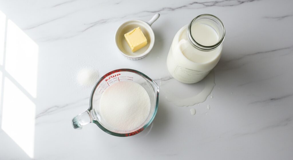 Ingredientes para leite condensado caseiro: uma garrafa de leite e açúcar em uma tigela sobre uma bancada.