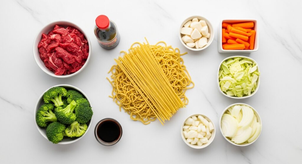 Ingredientes para a receita de yakissoba caseiro organizados em uma superfície de mármore: macarrão, carne crua fatiada, brócolis, cenoura, cebola e molhos.