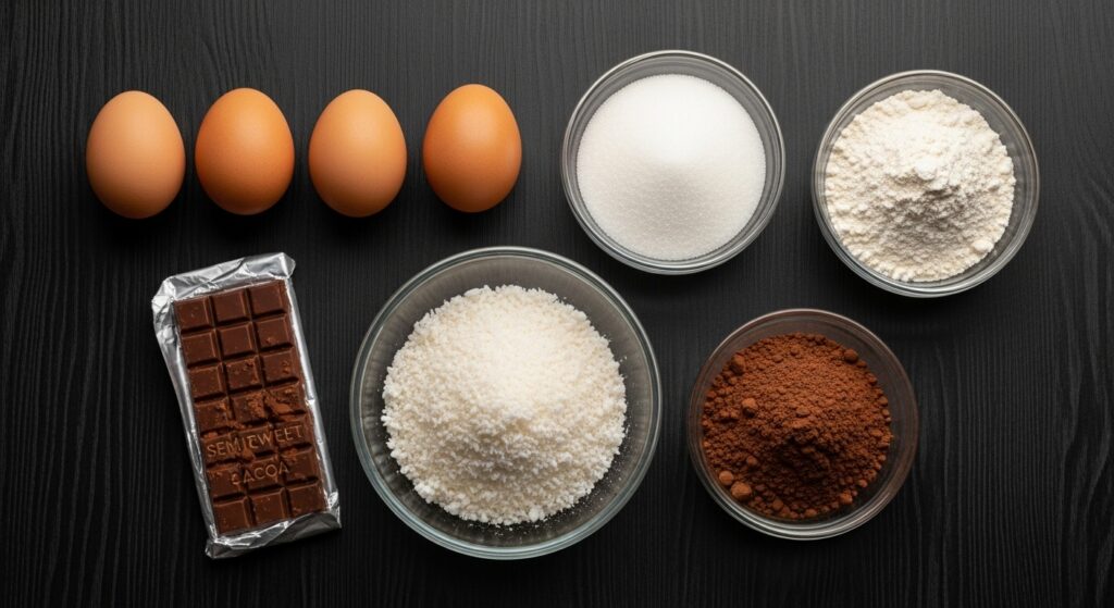 Ingredientes para a receita de rocambole com recheio de coco organizados em uma superfície de madeira: ovos, farinha, açúcar, chocolate em pó e uma tigela com doce de coco.