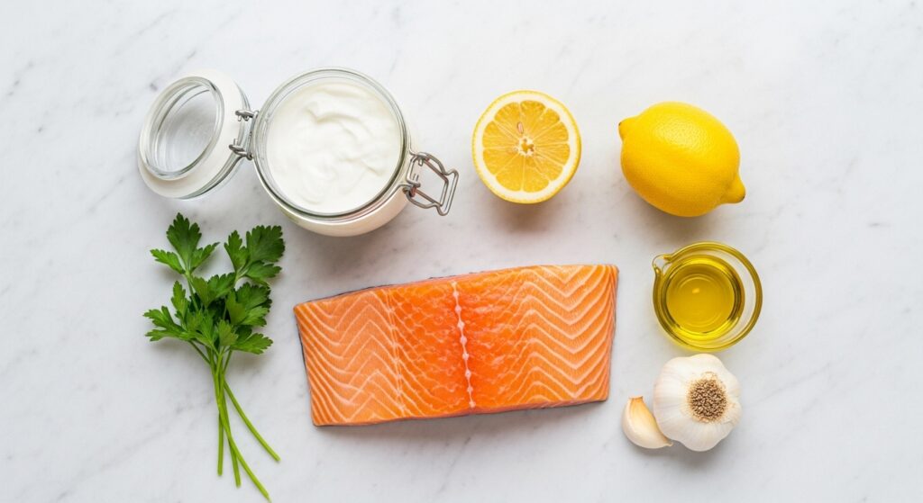 Ingredientes para a receita de salmão ao molho de iogurte organizados em uma bancada, incluindo o salmão, iogurte, limão e ervas.
