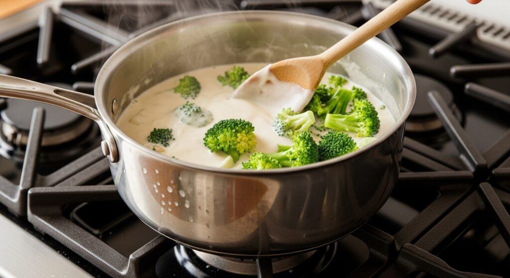 Variação da receita de macarrão com brócolis e molho branco, com pedaços de bacon frito adicionados ao prato.