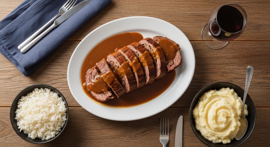 Mesa de almoço completa servida com a **receita de carne recheada na pressão** como prato principal, acompanhada de arroz branco e purê de batatas.
