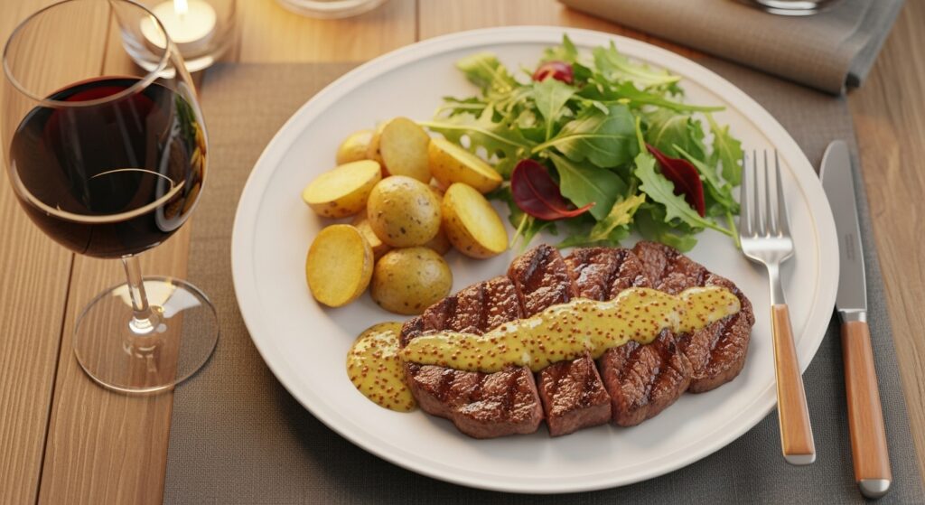 Bifes de picanha grelhando em uma prato branco, com marcas de selagem perfeitas.