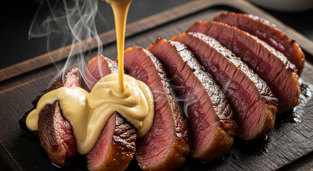 Molho de mostarda cremoso sendo finalizado em uma panela, com uma colher mostrando sua textura aveludada.