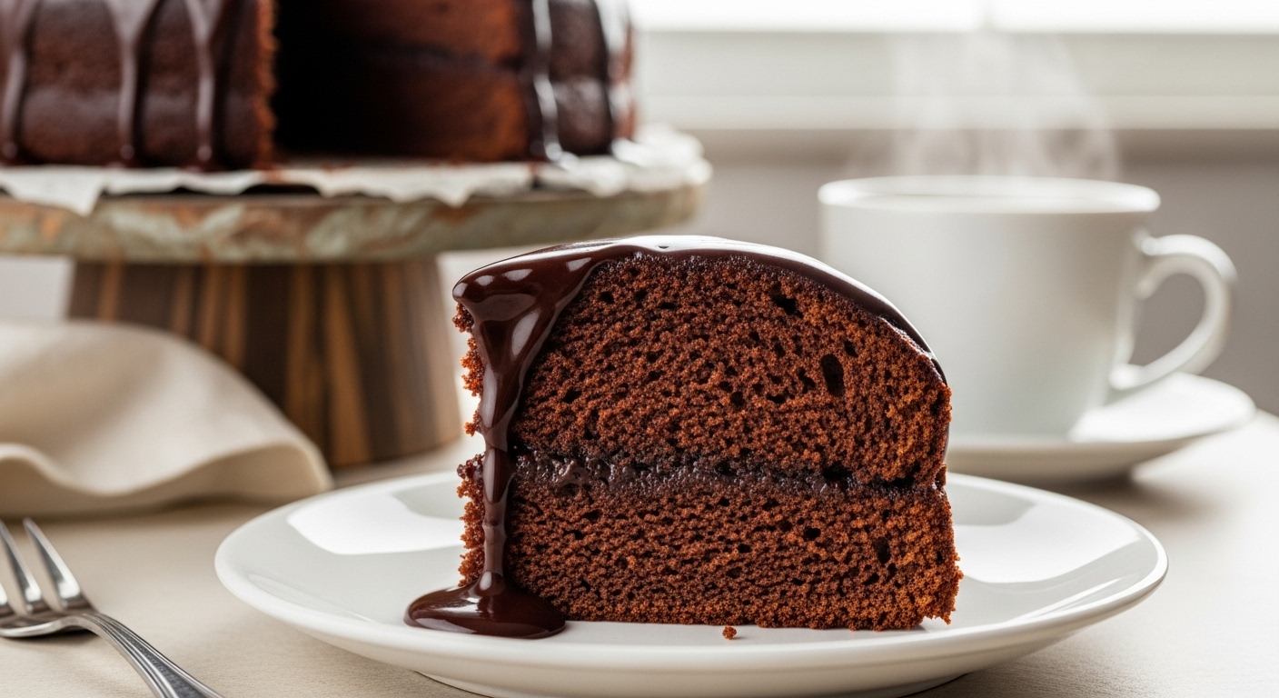 Receita de bolo de chocolate fit fofinho com calda escorrendo, servida em um prato branco. O foco da imagem está na textura macia e úmida do bolo.