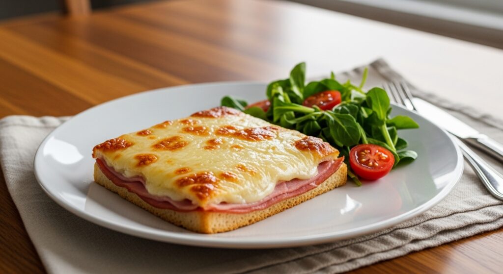 Fatia de misto quente de forno servida em um prato branco, acompanhada de uma salada, pronta para comer.