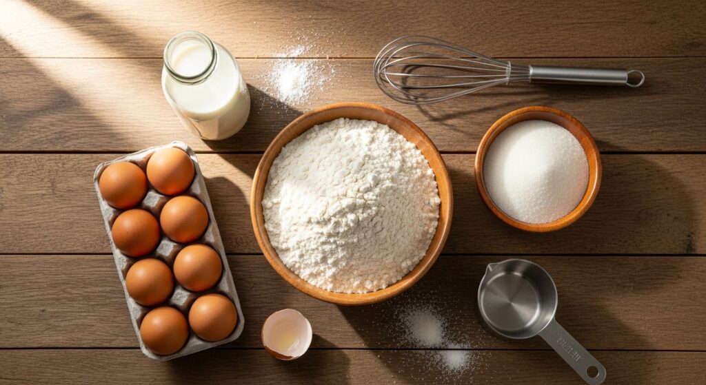 Ingredientes para receita de bolinho de chuva fácil e rápido organizados em uma bancada.