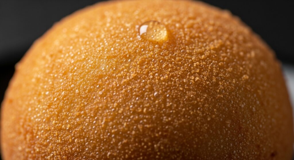 Fotografia macro mostrando em detalhes a textura crocante e as bolhas na casca de uma coxinha de frango fácil recém-frita.