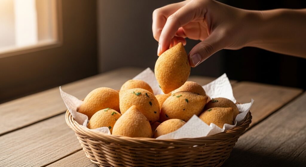 Mão pegando uma coxinha brasileira de uma cesta em uma mesa de madeira, em um ambiente de confraternização.