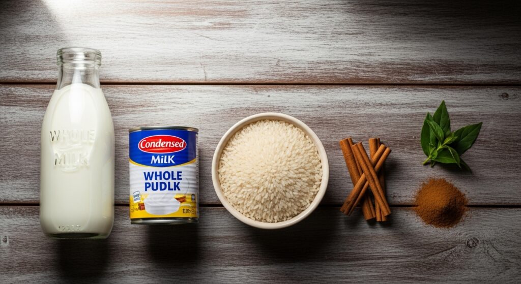 Ingredientes para a receita de arroz doce cremoso organizados em uma bancada de madeira.