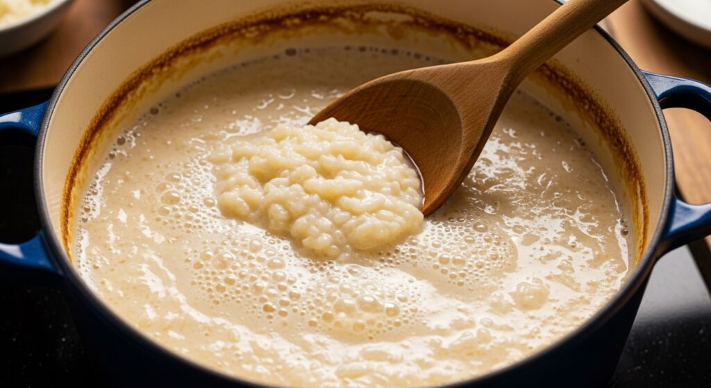 Arroz doce cremoso sendo preparado em uma panela no fogão.