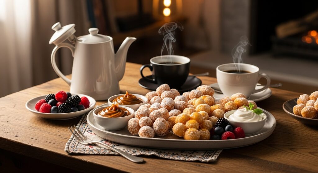 Mesa de café da tarde com bolinhos de chuva e acompanhamentos.