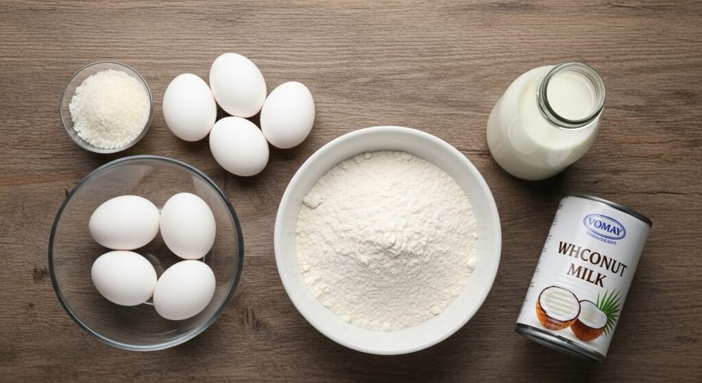 Ingredientes para a receita de bolo de coco fofinho organizados em uma bancada de cozinha.