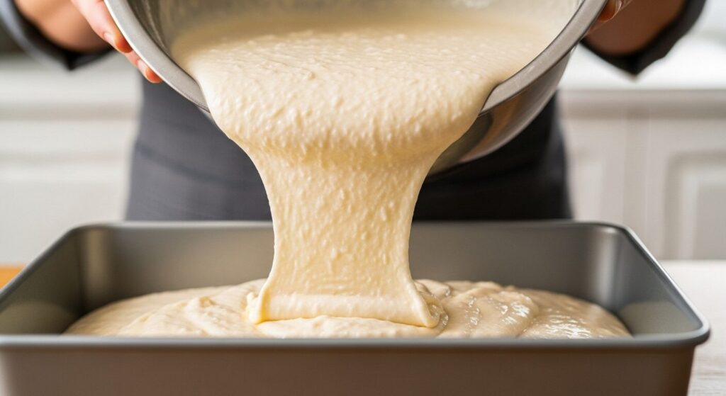 Massa da receita de bolo de coco fofinho sendo despejada na forma.