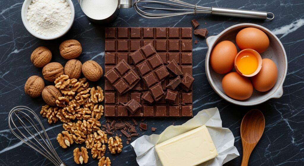 Ingredientes para a receita de bolo úmido de chocolate e nozes organizados na bancada