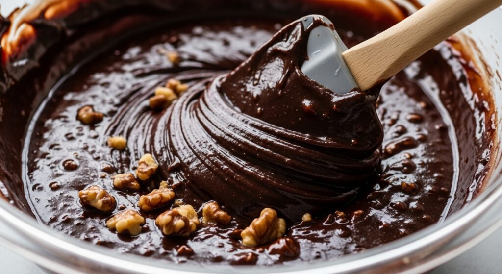 Massa da receita de bolo úmido de chocolate e nozes sendo preparada
