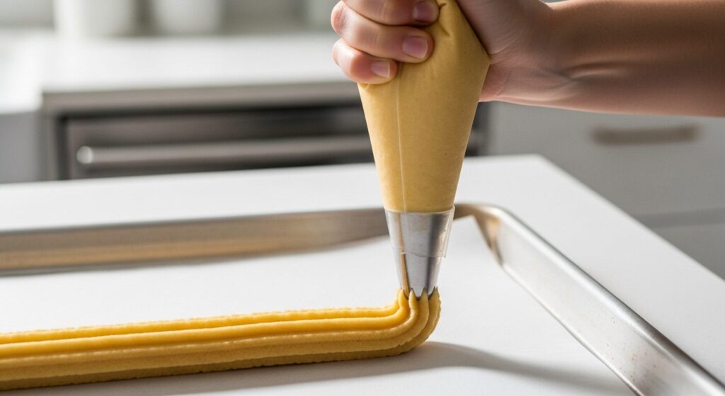 Mão modelando a massa de churros com um saco de confeitar e bico de pitanga