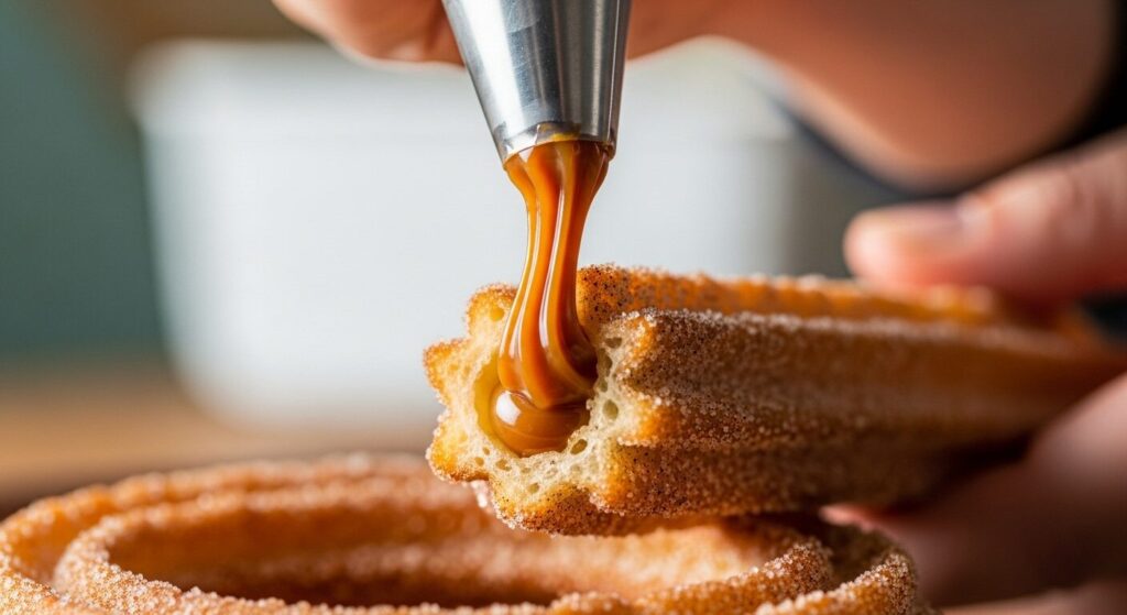 receita de churros caseiro sendo recheado com doce de leite cremoso