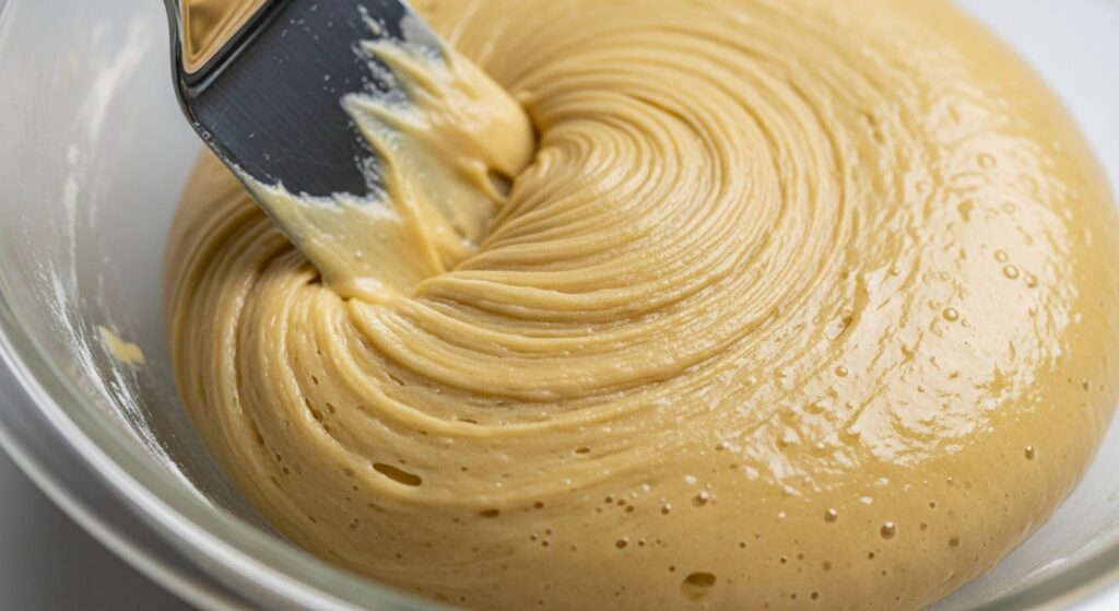 Massa da receita de churros simples sendo preparada em uma tigela de vidro