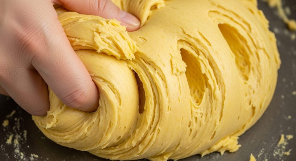 Massa da receita de coxinha de mandioca com frango atingindo o ponto certo na panela.