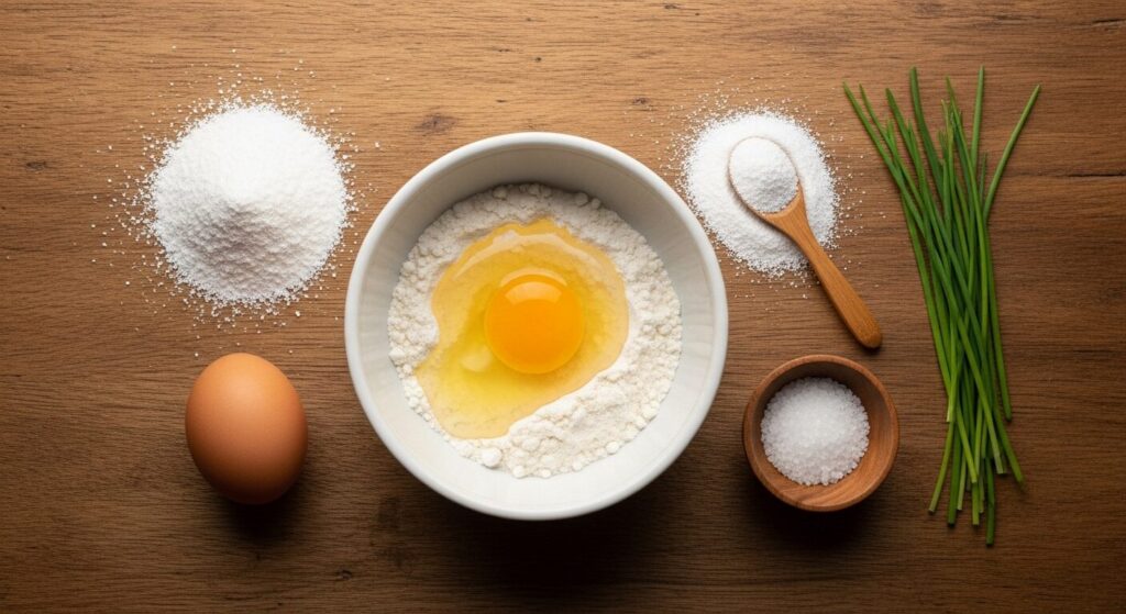 Ingredientes para receita de crepioca fit organizados em uma bancada de cozinha.