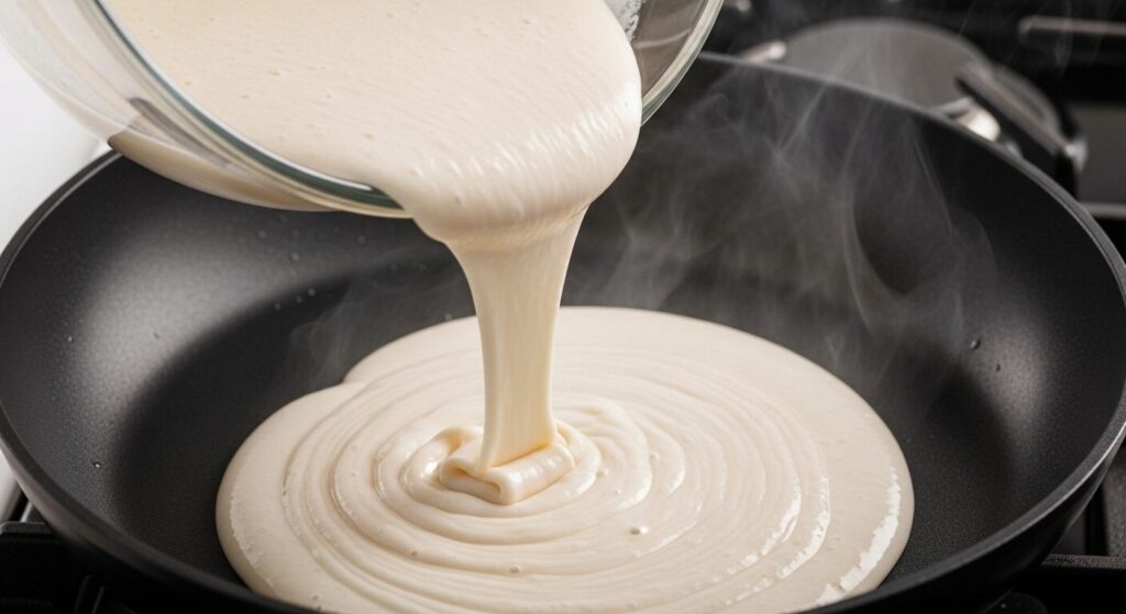 Massa da receita de crepioca fit sendo despejada na frigideira.