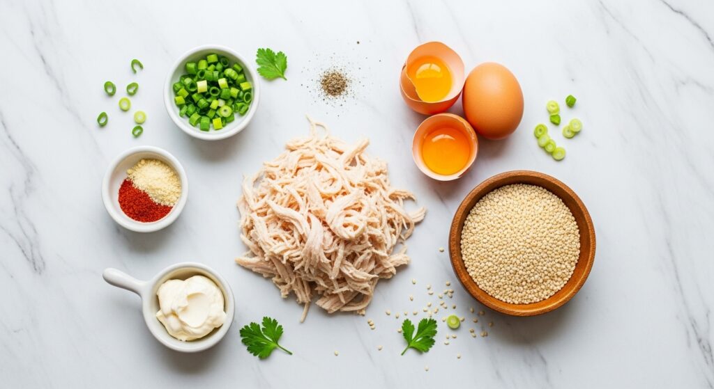 Ingredientes para a receita de croquete de frango com gergelim organizados em uma bancada de cozinha.