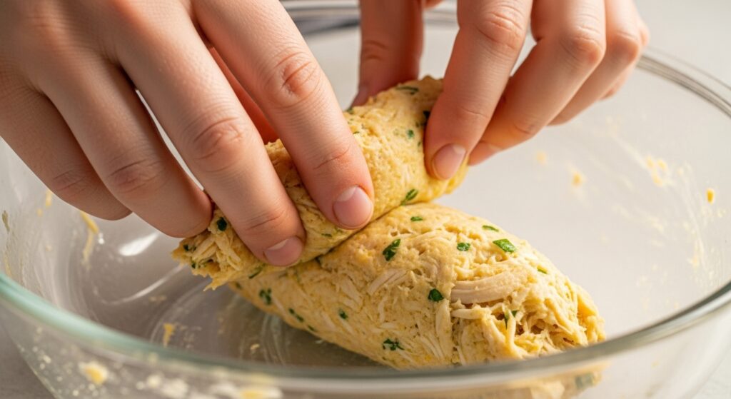 Massa da receita de croquete de frango com gergelim sendo preparada em tigela de vidro.