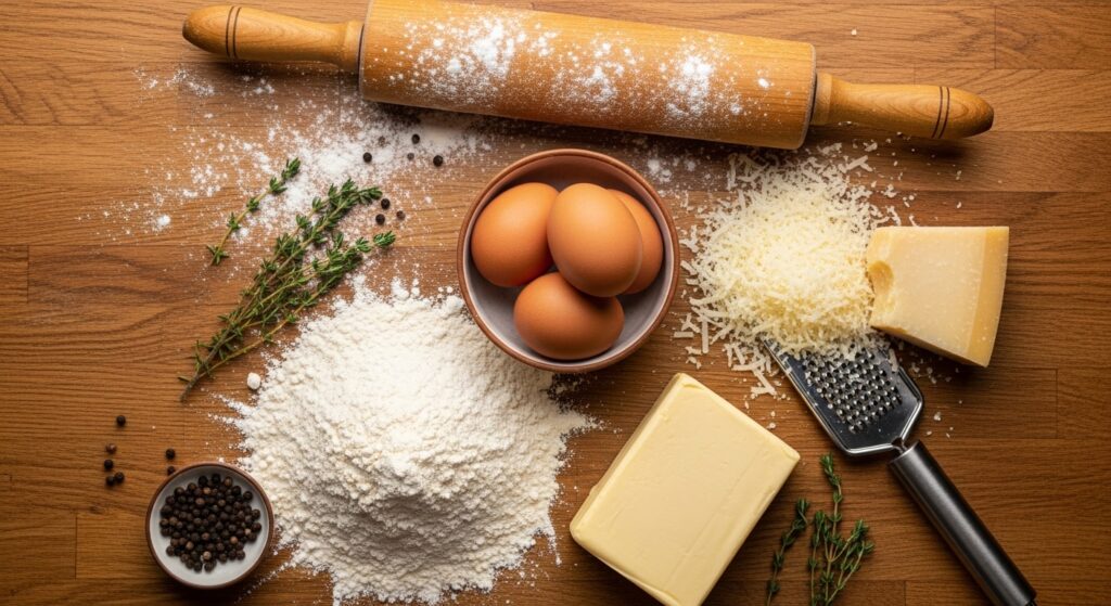 Ingredientes para a receita de empadinha de queijo com massa podre organizados em uma bancada de cozinha.