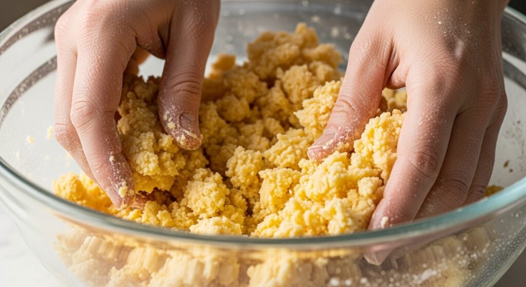 Massa da receita de empadinha de queijo com massa podre sendo preparada em tigela de vidro.