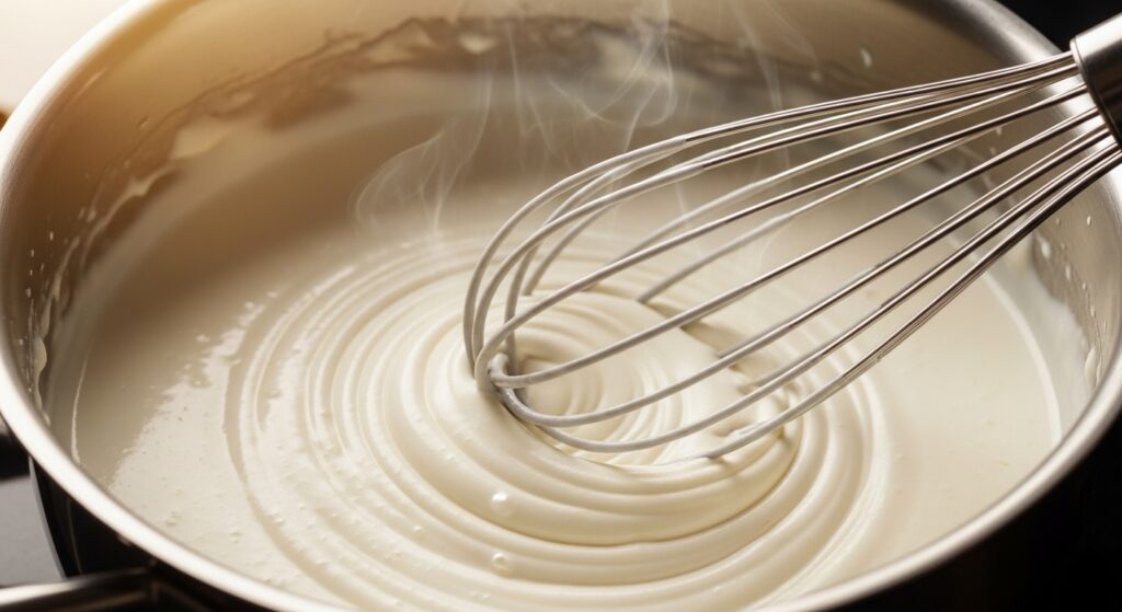 Creme branco para a receita de pavê de morango fácil sendo preparado em uma panela.