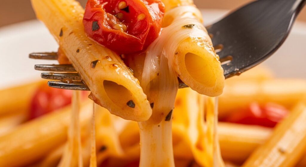 Penne com tomate e queijo derretido.