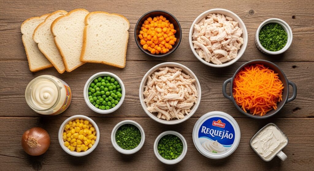 Ingredientes para a receita de torta fria de pão de forma organizados em uma bancada.