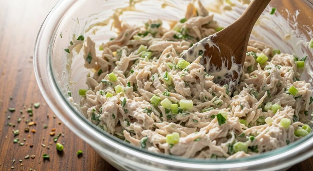 Recheio cremoso da receita de torta fria de pão de forma sendo preparado em tigela de vidro.