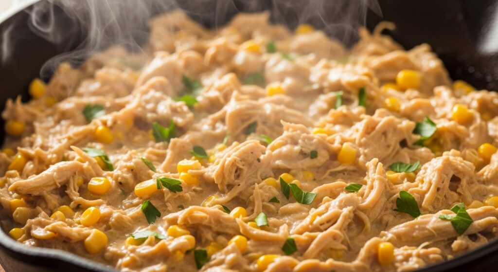 Close do recheio cremoso de frango sendo preparado na panela.