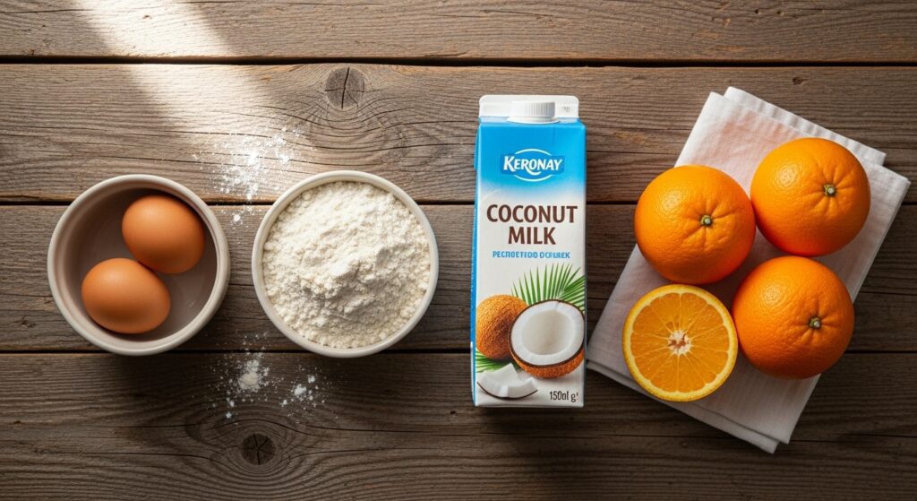 Ingredientes para a receita de bolo gelado de coco simples organizados em uma bancada de cozinha.