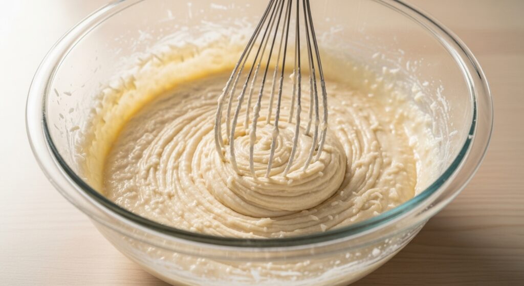 Massa da receita de bolo gelado de coco simples sendo preparada em tigela de vidro.