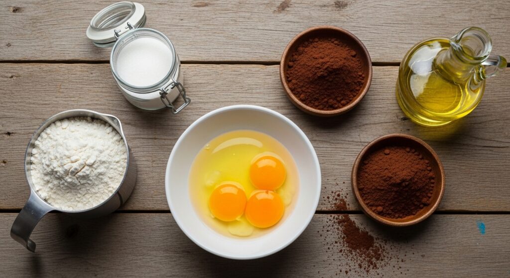 Ingredientes para a receita de bolo nega maluca fofinho organizados em uma bancada de cozinha.