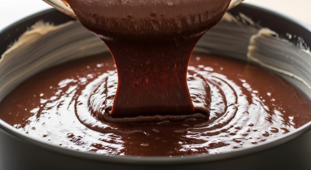 Massa da receita de bolo nega maluca fofinho sendo despejada na forma.