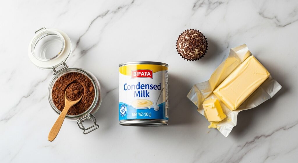 Ingredientes para a receita de brigadeiro de micro-ondas organizados em uma bancada de cozinha.