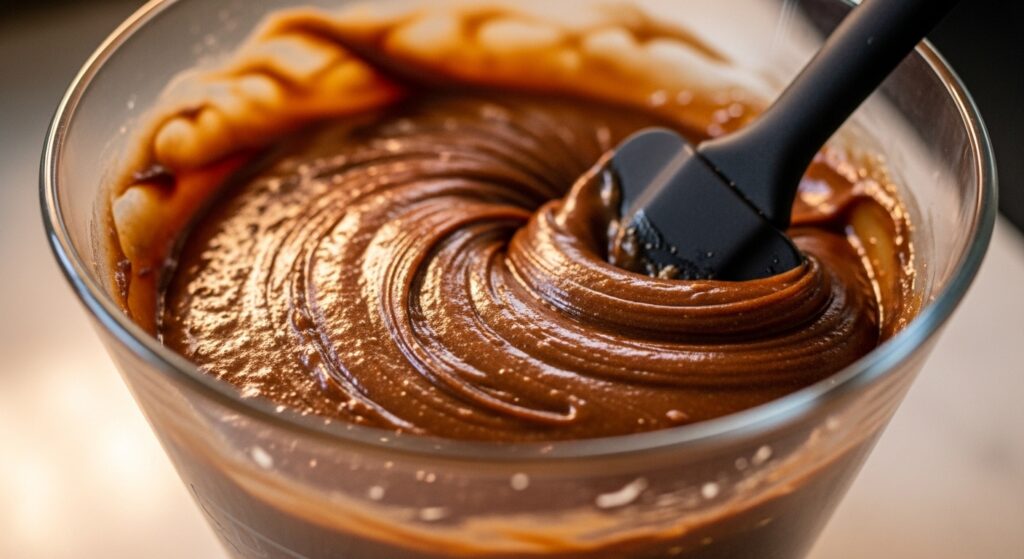 Mistura da receita de brigadeiro de micro-ondas sendo preparada em tigela de vidro.