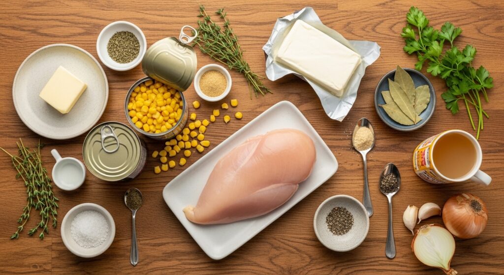 Ingredientes para a receita de frango ao creme de milho organizados em uma bancada de cozinha.